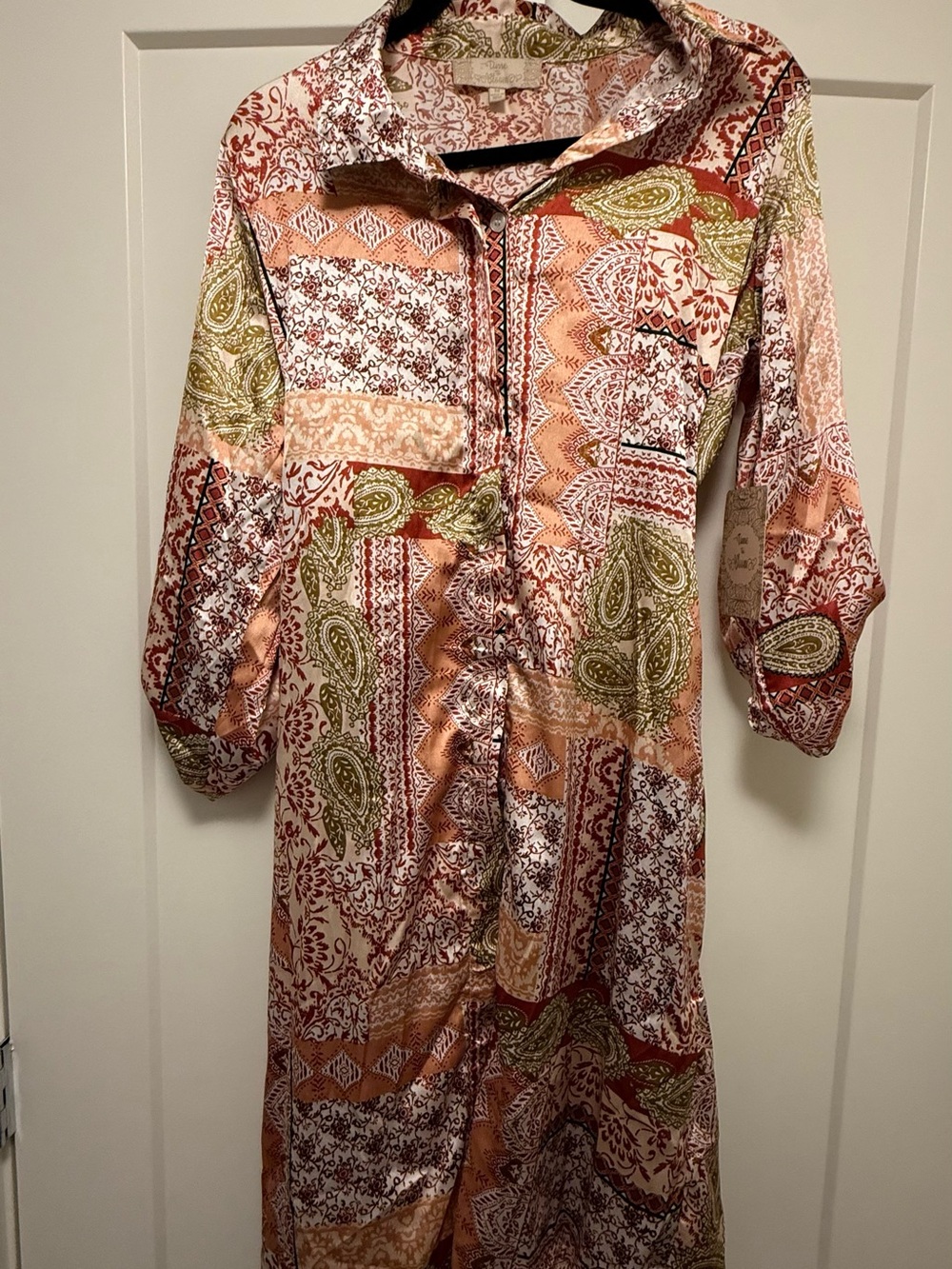 Patchwork Print Maxi Shirt Dress in Rust and Olive